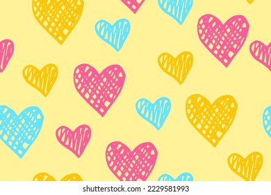 Scribble heart shapes vector seamless pattern. Love concept background. Holiday positive print. Hand drawn texture hearts ornament. Birthday wrapping paper. Romantic fabric print.