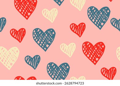Scribble heart shapes vector seamless pattern. Love concept background. Holiday positive print. Cute hearts ornament. Birthday wrapping paper. Lovely baby clothes design.