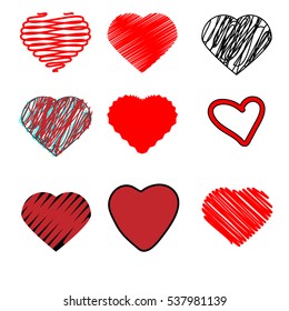 Scribble hearts. hand drawn doodle heart shapes symbols, isolated design elements for Valentine cards, stickers, weddings and other romantic