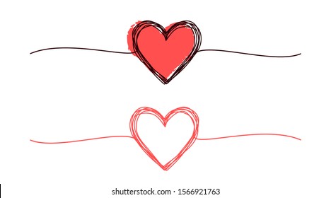 Scribble Hearts Hand Drawn With Thin Line, Divider Shape. Ink Brush Painted Red Heart For Valentine's Day. Isolated On White Background. Vector Illustration