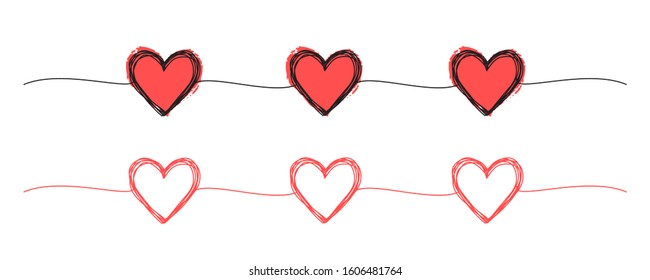 Scribble hearts hand drawn with thin line, divider shape. Ink brush painted red heart for Valentine's day, isolated on white background. Vector illustration