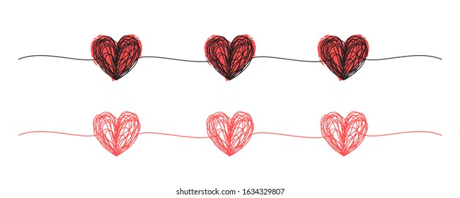Scribble hearts hand drawn with thin line, divider shape. Ink brush painted red heart for Valentine's day, isolated on white background. Vector illustration