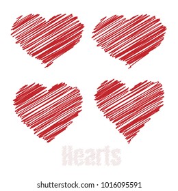 Scribble hearts, Red drawings hearts, vector illustration.