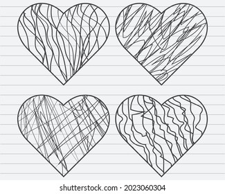 Scribble Hearts Set.Big set mandala heart collection valentines day elements