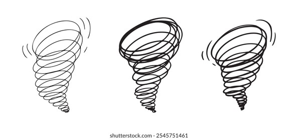 Huracán garabato Icono de doodle dibujado a mano. Bosqueja el contorno negro de la línea gruesa y delgada del tornado del ciclón. Ilustración vectorial