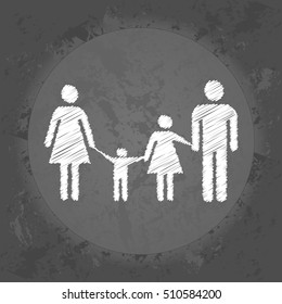 Scribble icon of a married couple and two children on gray vintage background . Minimalism. Icon Logo