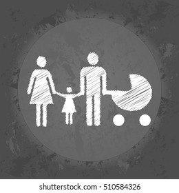 Scribble icon Mom and Dad with his daughter and baby in stroller on gray vintage background . Minimalism. Icon Logo