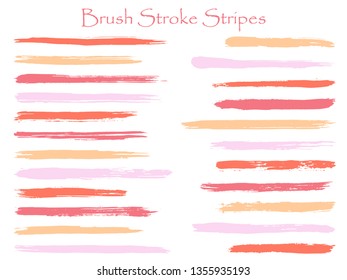 Scribble ink brush stroke stripes vector set, red pink marker or paintbrush lines patch. Hand drawn watercolor paint brushes, smudge strokes collection. Interior paint color palette samples.