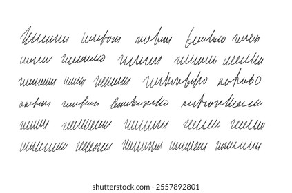 Scribble ink stroke. Handwritten fictional letter. Abstract fake freehand text note isolated on white background. Illegible cursive script message. Vector hand drawn illustration.