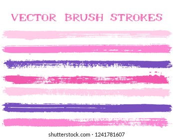 Scribble ipink violet nk brush strokes isolated design elements. Set of paint lines. Abstract Ink brushe stripes isolated on white, vector colors guide book samples.