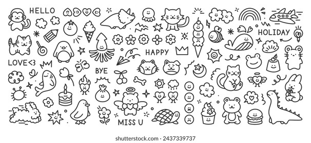 Scribble kid doodle icons set.  Cute hand drawn set of cat, sun, flower, smile, heart, animal, cloud, star, rainbow, candy, dog. Vector trendy sketch childish elements for stickers, patterns, banners.