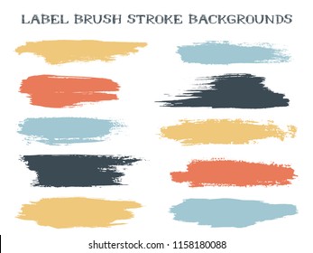 Scribble label brush stroke backgrounds, paint or ink smudges vector for tags and stamps design. Painted label backgrounds patch. Vector ink traces, color combinations. Ink dabs, blue red splashes.