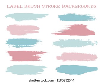 Scribble label brush stroke backgrounds, paint or ink smudges vector for tags and stamps design. Painted label backgrounds patch. Interior colors scheme swatches. Ink dabs, light blue pink splashes.