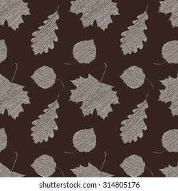 Scribble leaves seamless autumn pattern. Vector illustration.