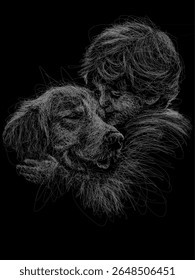 Scribble line art of a boy hugging a dog with love and emotion