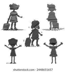 Scribble Line Arte de una Pequeña chica feliz con maleta de viaje