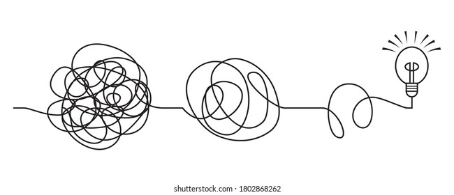 scribble line doodles. the concept of transition from complicated to simple with bulb lamp, isolated on white background. vector illustrations