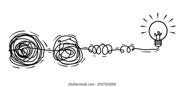 scribble line doodles. the concept of transition from complicated to simple with bulb lamp, isolated on white background. vector illustrations