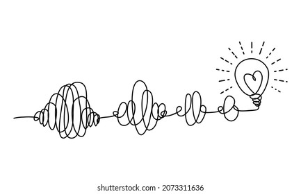 scribble line doodles. the concept of transition from complicated to simple with bulb lamp, isolated on white background. vector illustrations