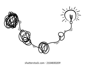 garabatos de línea. el concepto de transición de complicado a simple con lámpara de bombilla, concepto de idea con bombillas. ilustraciones vectoriales