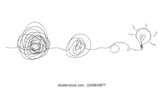 scribble line doodles. the concept of transition from complicated to simple with bulb lamp, isolated on white background. vector illustrations