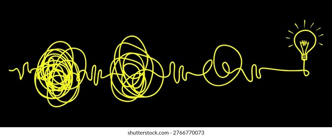 scribble line doodles. the concept of transition from complicated to simple with bulb lamp, isolated on white background. vector illustrations