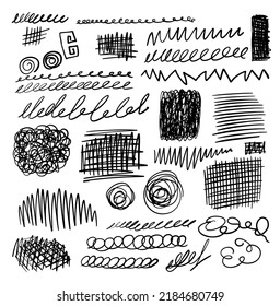 Conjunto monocromo de línea de grifo. Líneas dibujadas a mano, trazos de subrayado, líneas de doodle en lápiz. Conjunto de elementos de trazos hechos a mano. Ilustración del vector