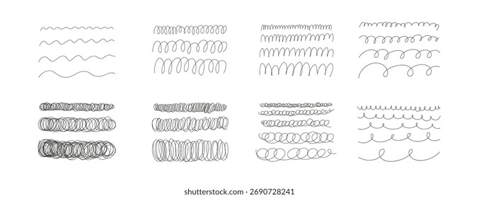 Scribble line set with doodle strokes, waves, zigzags and loops. Hand drawn abstract sketch borders and decorative elements in pencil style for frame, pattern, template, banner and design projects