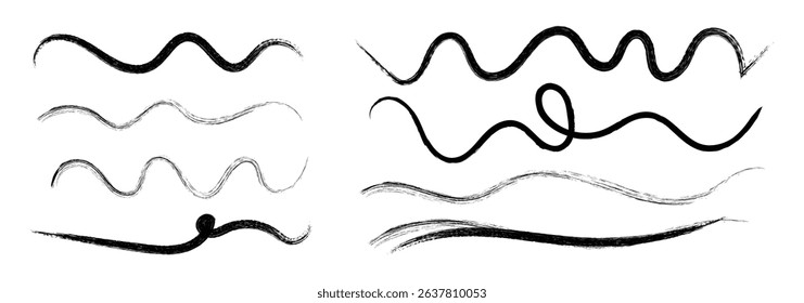 Scribble line set. Grunge texture stroke line. Grunge lines, scrawls, crayon scribbles, rough brush charcoal pen strokes, underlines strikethroughs. Hand drawn vector illustration