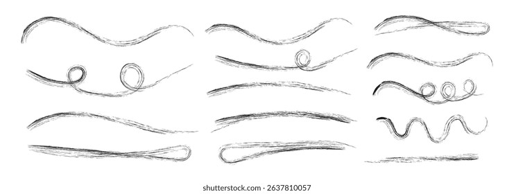 Scribble line set. Grunge texture stroke line. Grunge lines, scrawls, crayon scribbles, rough brush charcoal pen strokes, underlines strikethroughs. Hand drawn vector illustration