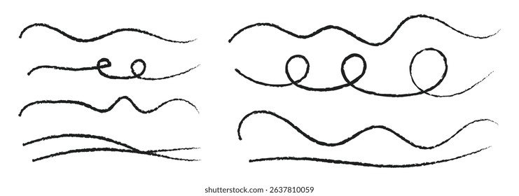 Scribble line set. Grunge texture stroke line. Grunge lines, scrawls, crayon scribbles, rough brush charcoal pen strokes, underlines strikethroughs. Hand drawn vector illustration
