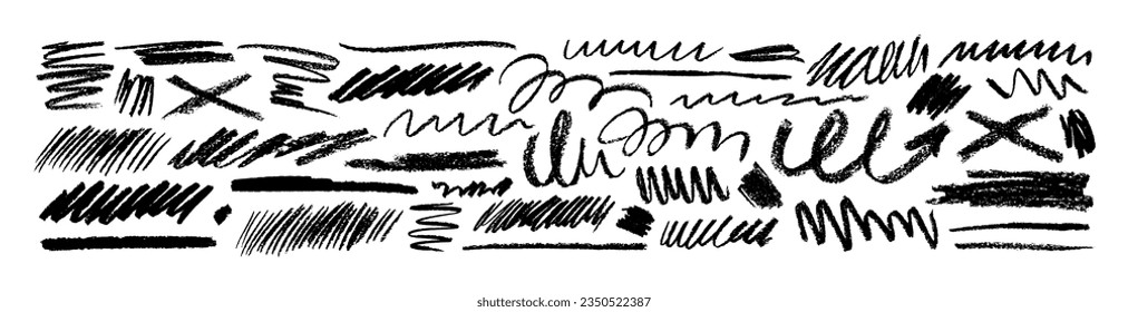Juego de líneas de esgrima, trazos de doodle crayon vectorial. Líneas de acequia de marcadores o de lápiz, giros, espirales y subrayados de tachado. Esbozos de lápiz negro, garabatos y arañazos. Textura de grano de carbón vegetal.