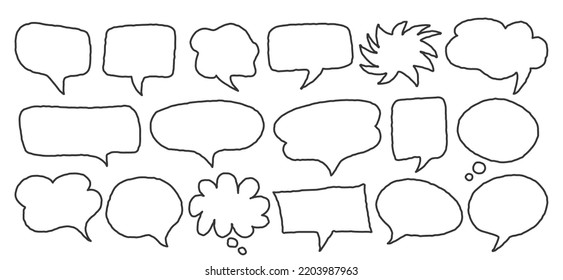 Scribble linear speech bubble icon in various shapes isolated, roughen comic cloud bubble outline vector design, empty dialog balloon, chat icon set