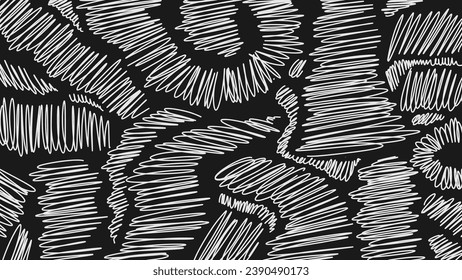 scribble lines abstract background. white chaotic line shading on a black background. vector illustration.