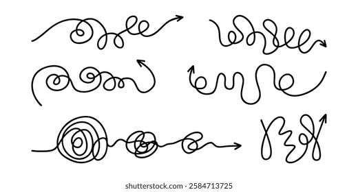 Scribble lines with arrow - continuous flowing thread that twists and turns. Isolated tangled lines with arrows. Set tangled arrows, hand drawn doodle arrows set.