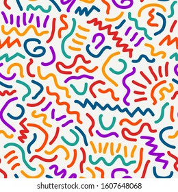 Scribble lines seamless surface pattern. Scrawl childish doodle print. Freehand linear texture. Modern sketch background. Handdrawn amorphous outlines wallpaper. Vector colorful abstract graphic