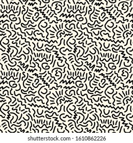 Scribble lines seamless surface pattern. Scrawl childish doodle print. Freehand linear texture. Modern sketch background. Handdrawn amorphous outlines wallpaper. Vector colorful abstract graphic