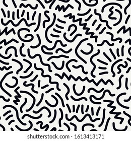 Scribble lines seamless surface pattern. Scrawl childish doodle print. Freehand linear texture. Modern sketch background. Handdrawn amorphous outlines wallpaper. Vector colorful abstract graphic
