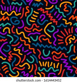 Scribble lines seamless surface pattern. Scrawl childish doodle print. Freehand linear texture. Modern sketch background. Handdrawn amorphous outlines wallpaper. Vector colorful abstract graphic