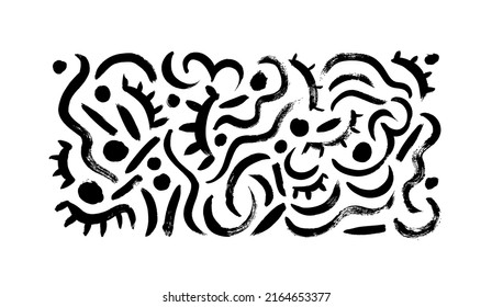 Scribble lines vector set. Hand drawn curved lines and dots. Charcoal texture. Calligraphy swirls, black squiggles. Vector ink decorations. Scribble brush strokes collection. Childish pencil drawing  