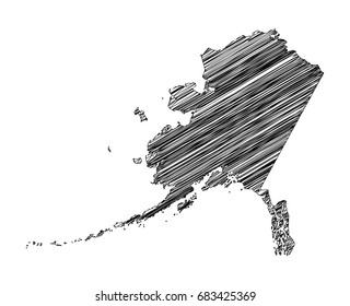 Scribble map of Alaska. Sketch hand drawn, black map isolated on white background. Vector illustration eps 10.