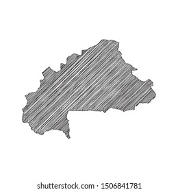 Scribble map of Burkina Faso black drawing, pencil sketch on white background. Vector illustration eps10.