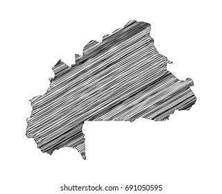 Scribble map of Burkina Faso. Sketch hand drawn, black map isolated on white background. Vector illustration eps 10.