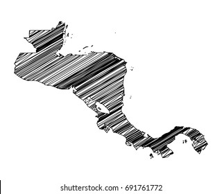 Scribble map of Central America. Sketch hand drawn, black map isolated on white background. Vector illustration eps 10.