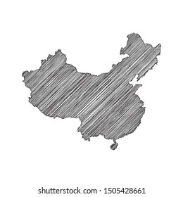 Scribble map of China black drawing, pencil sketch on white background. Vector illustration eps10.