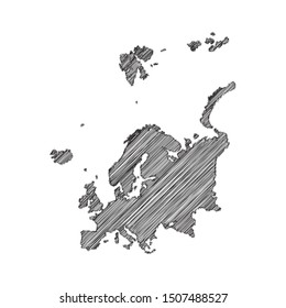 Scribble map of Europe continent black drawing, pencil sketch on white background. Vector illustration eps10.
