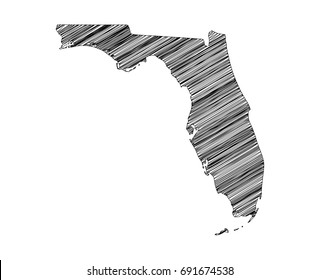 Scribble map of Florida. Sketch hand drawn, black map isolated on white background. Vector illustration eps 10.