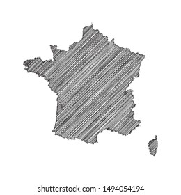 Scribble map of France black drawing, pencil sketch on white background. Vector illustration eps10.