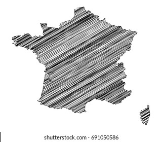 Scribble map of France. Sketch hand drawn, black map isolated on white background. Vector illustration eps 10.