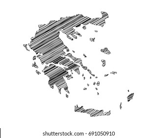 Scribble map of Greece. Sketch hand drawn, black map isolated on white background. Vector illustration eps 10.